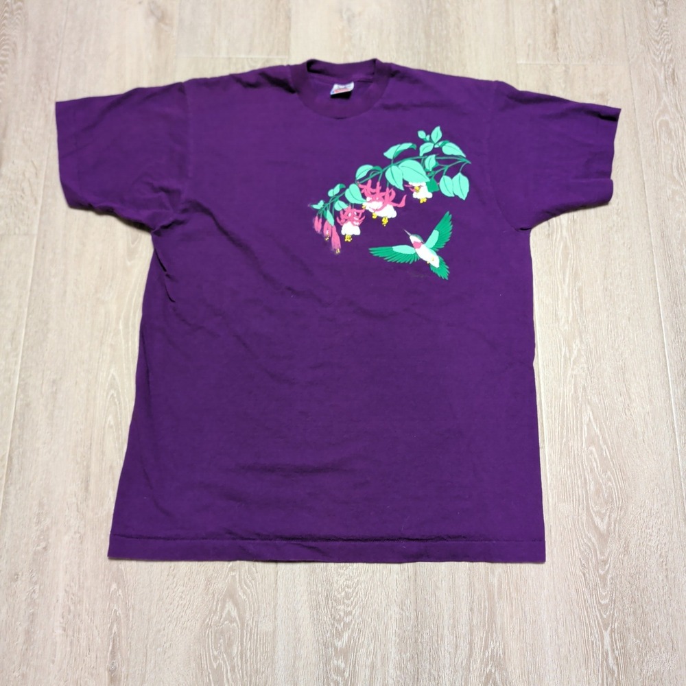 Vintage 80s Fruit of the Loom Purple Puff Print Hummingbird T-Shirt Women XL USA